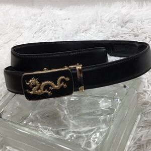 Gold dragon adjustable black leather ratchet belt